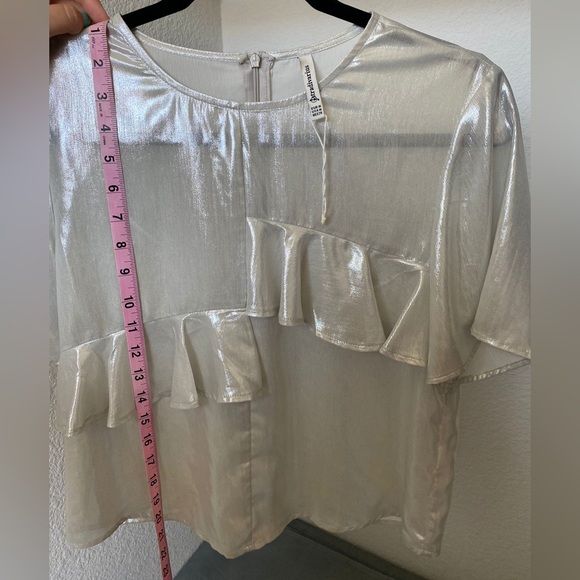 stradivarius Shimmery Silver Ruffle Short Sleeve Top - Picture 3 of 6